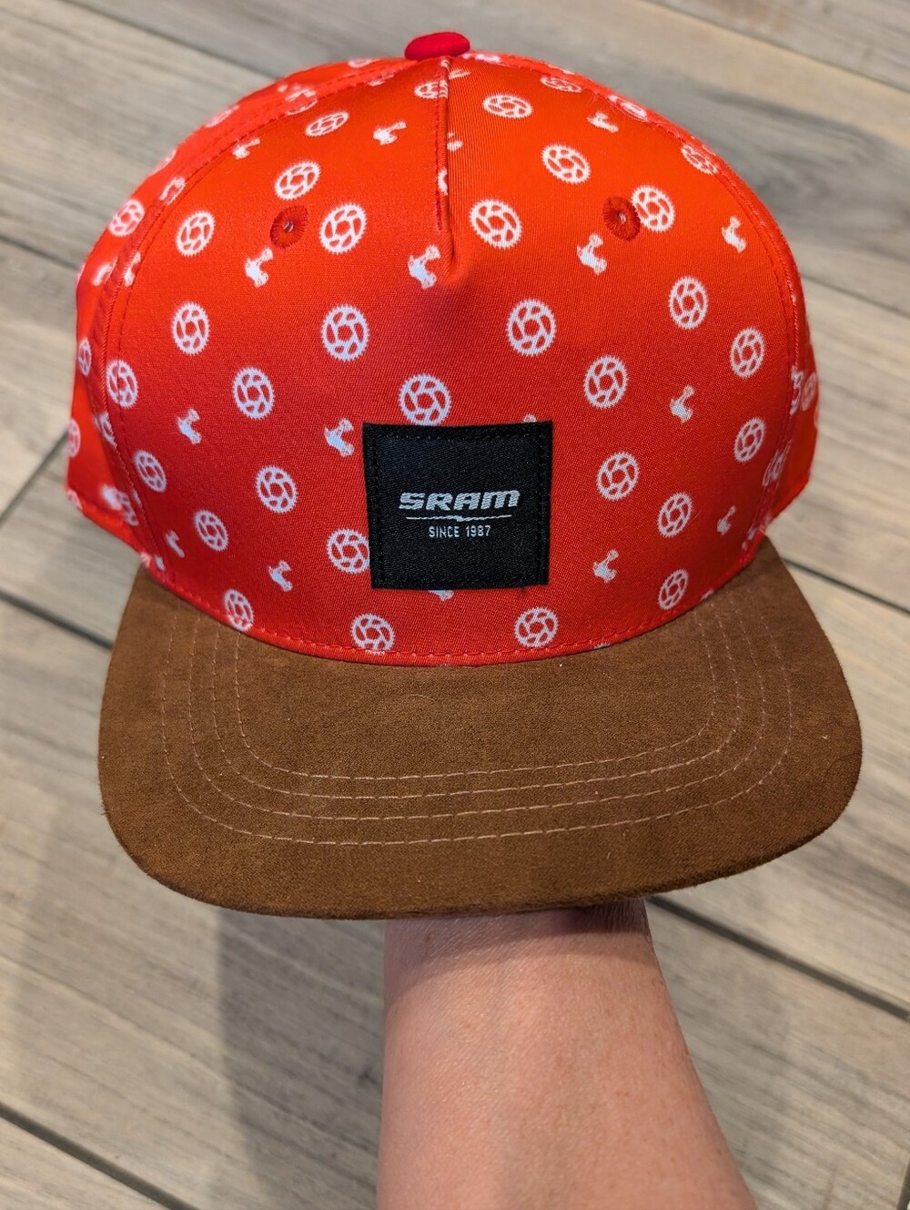 Vintage Sram Bicycle Snapback Baseball Hat with Brown Suede Like Brim